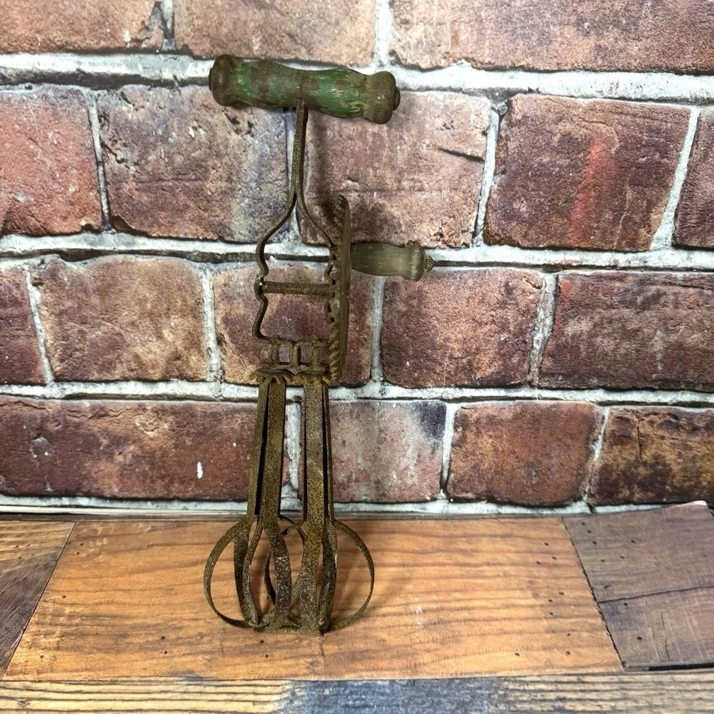 Antique Hand Mixer Egg Beater USA Green Wood Handle Manual Kitchen Primitive